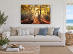 Golden Beech Light landscape canvas print on the wall of a beach house living room