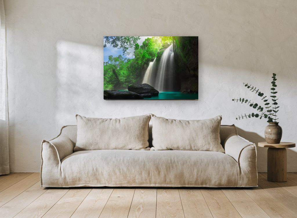 Emerald Pool Falls landscape canvas print on the wall of a living room