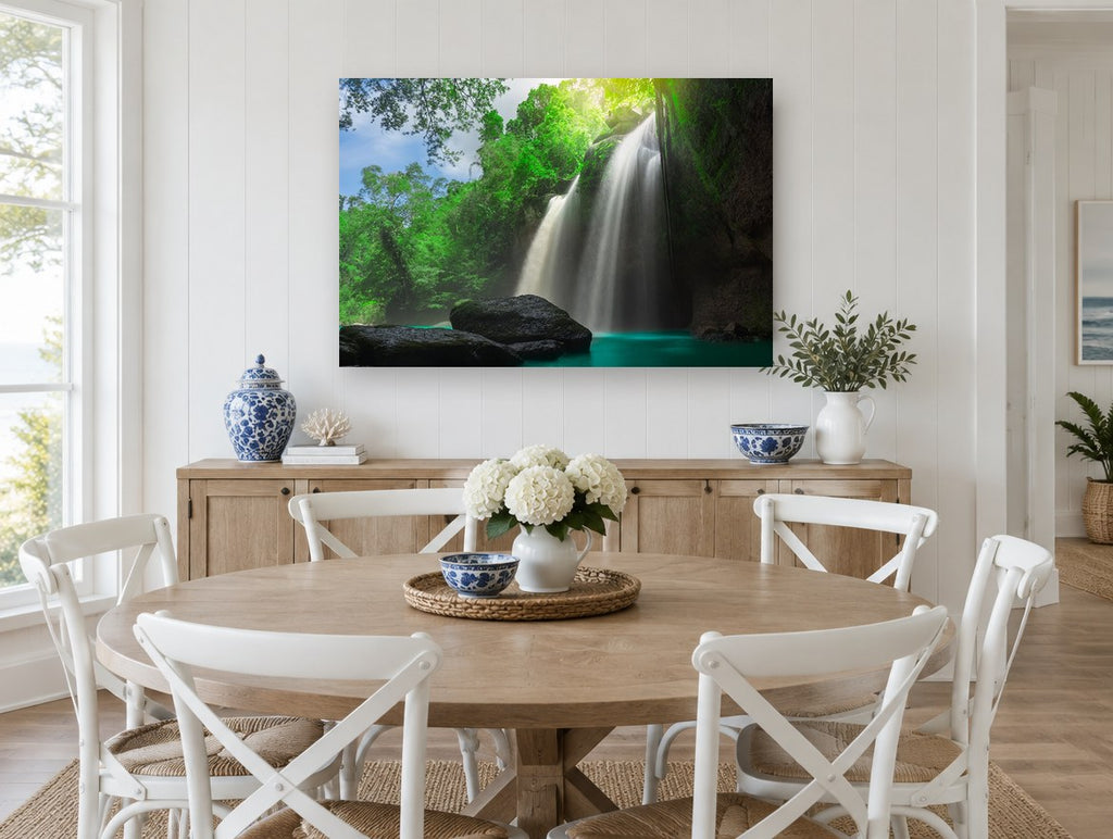 Emerald Pool Falls landscape canvas print on the wall of a Hamptons dining room