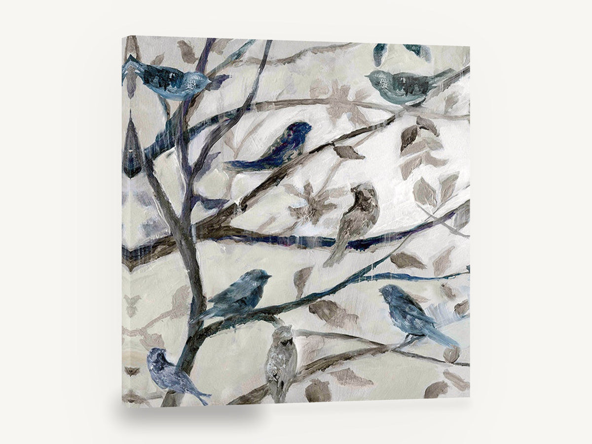 Songbirds in Bare Branches, blue songbirds on branches painting, floral canvas wall art print ready to hang