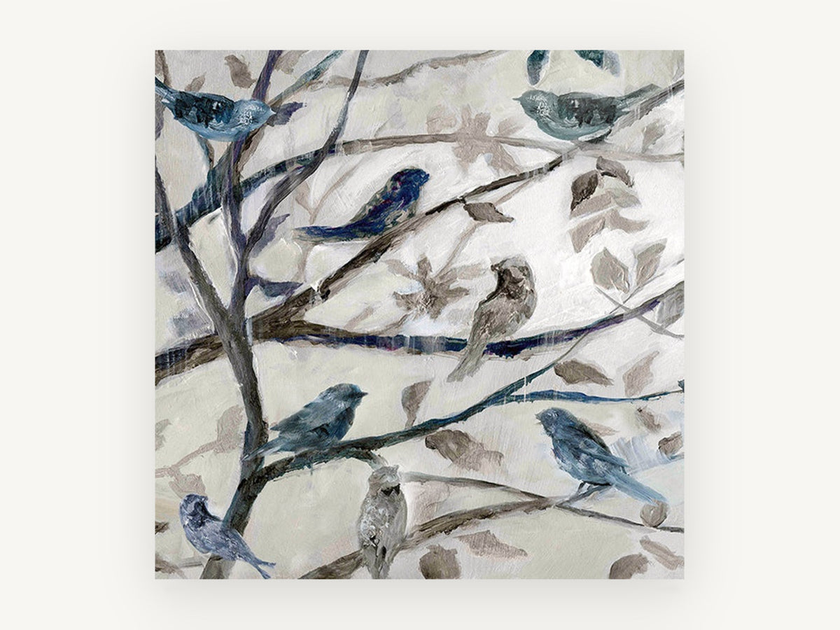 Songbirds in Bare Branches, floral canvas wall art print, front view