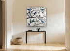 Songbirds in Bare Branches floral canvas print on the wall of a hallway