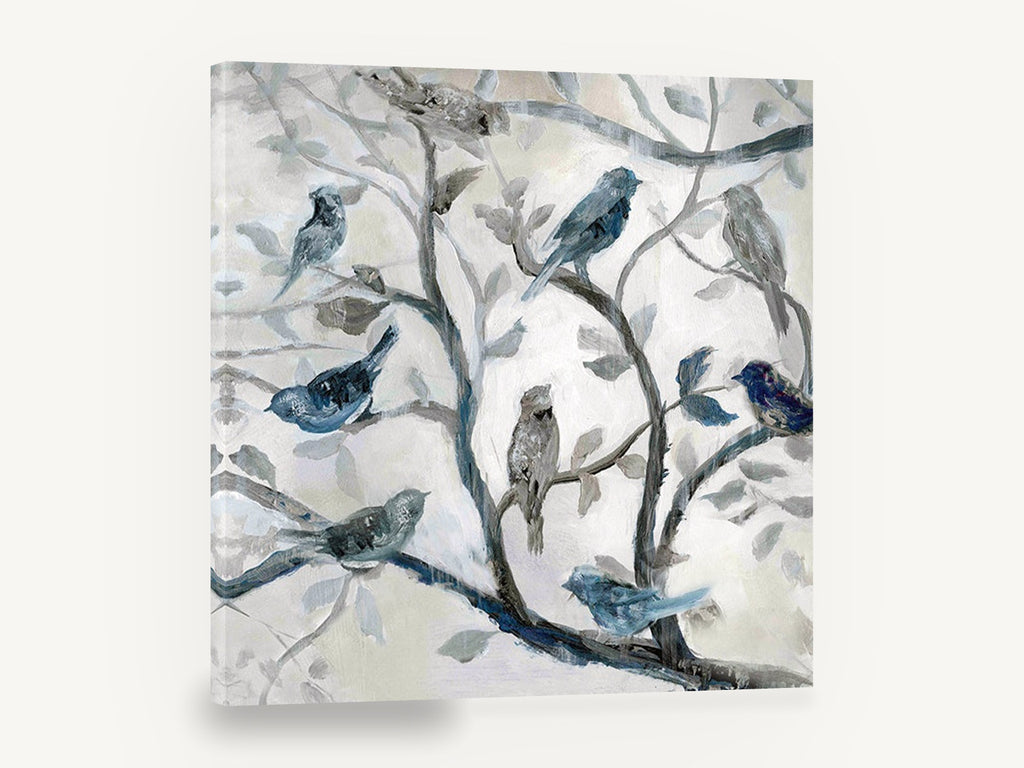 Blue Birds in Branches, blue grey birds on branches painting, floral canvas wall art print ready to hang