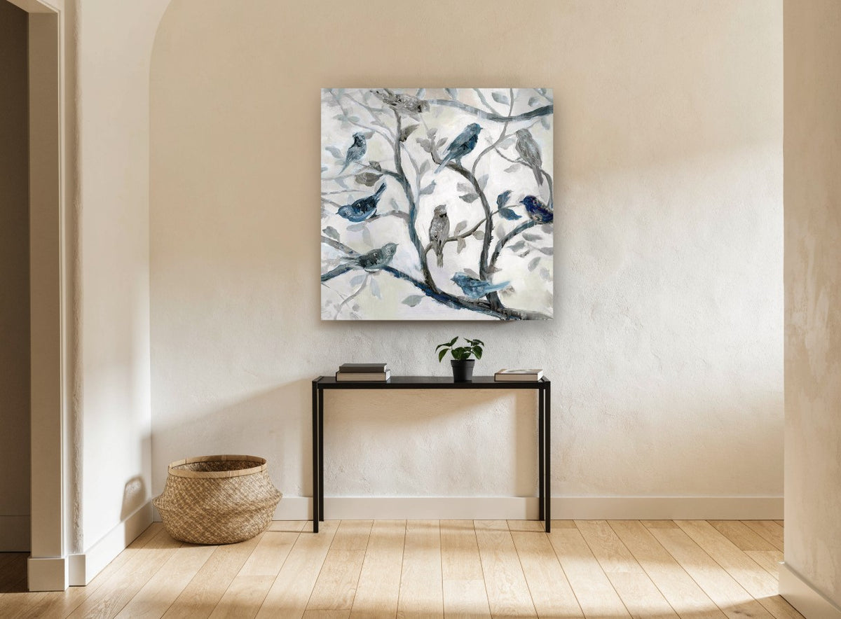Blue Birds in Branches floral canvas print on the wall of a hallway