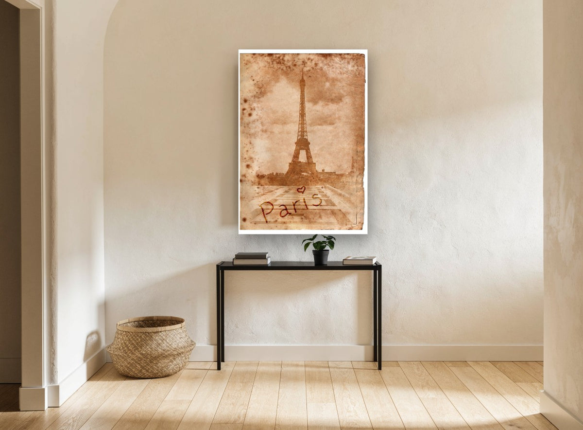 Paris Parchment Sepia city canvas print on the wall of a hallway