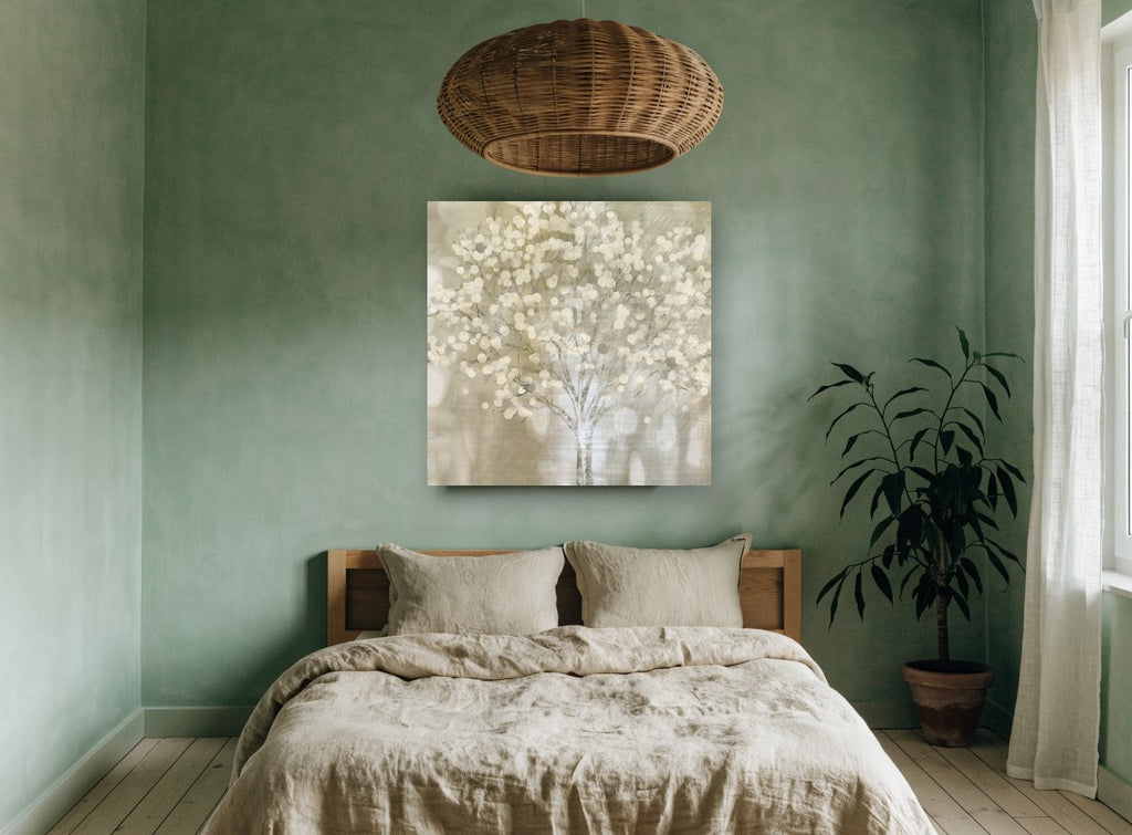 Cream Bubble Tree landscape canvas print on the wall of a bedroom
