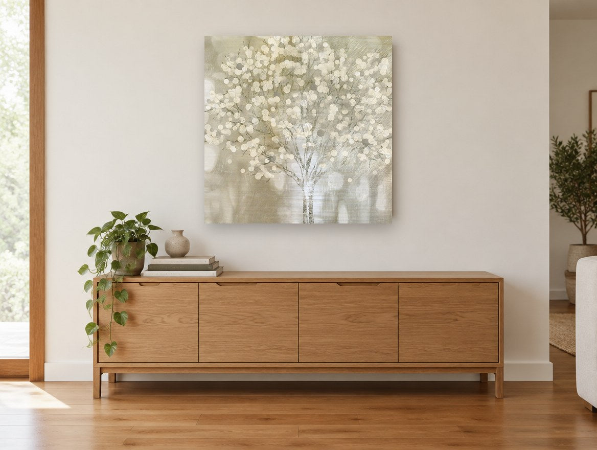 Cream Bubble Tree landscape canvas print on the wall of a living room above a sideboard