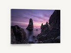 Violet Dawn Sea Stacks, purple sunrise sea stack rocks photograph, coastal canvas wall art print ready to hang
