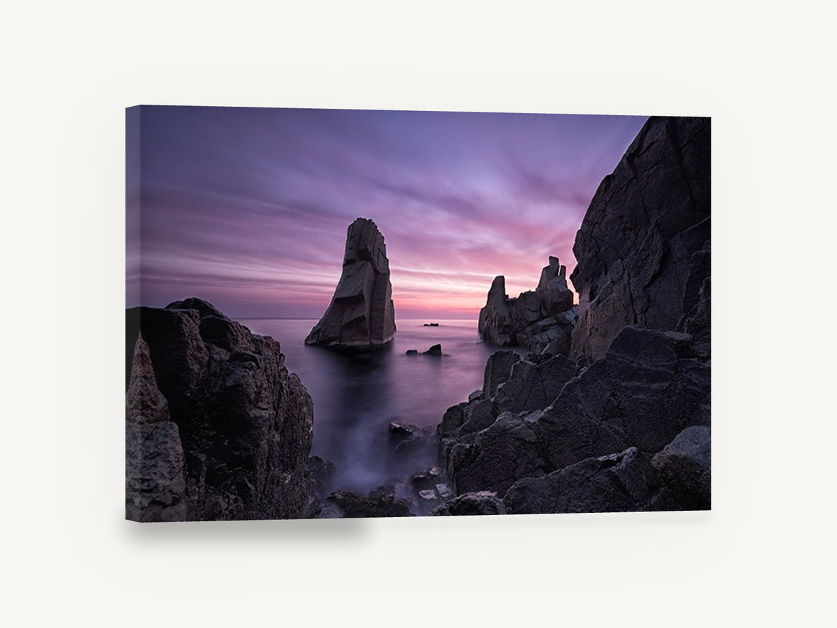 Violet Dawn Sea Stacks, purple sunrise sea stack rocks photograph, coastal canvas wall art print ready to hang