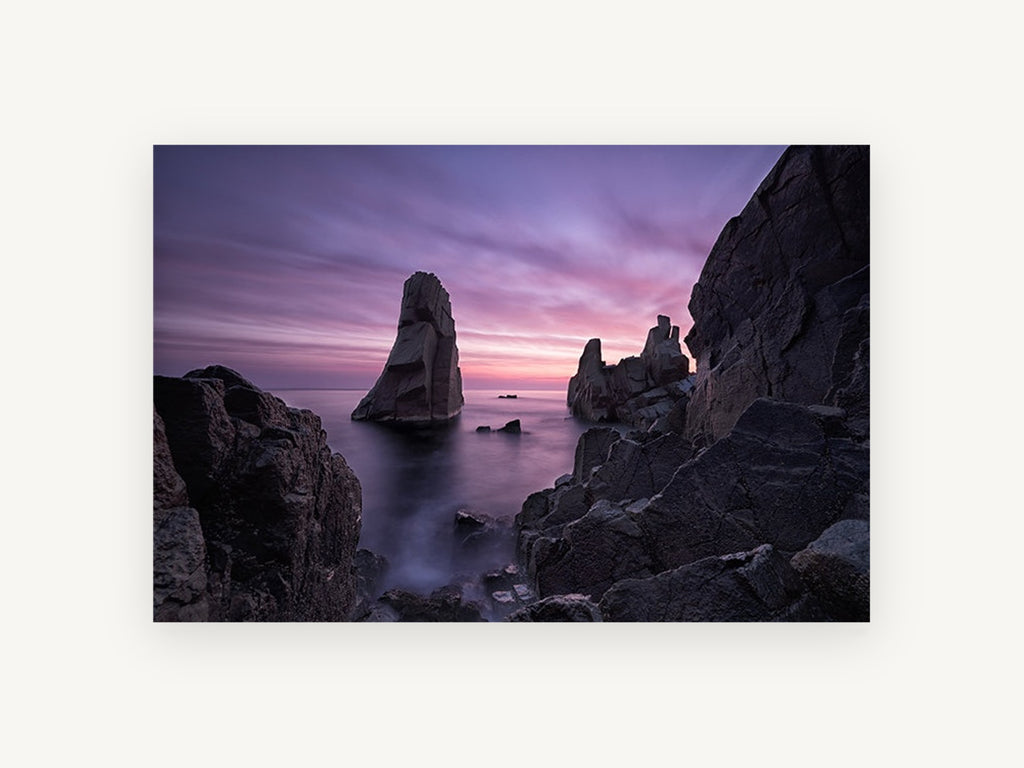 Violet Dawn Sea Stacks, coastal canvas wall art print, front view