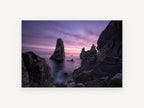 Violet Dawn Sea Stacks, coastal canvas wall art print, front view