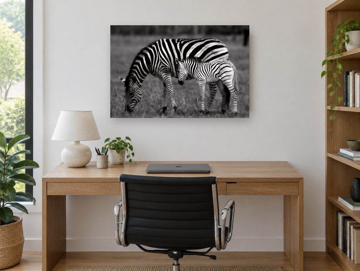 Zebra Grazing Stripes Together landscape canvas print on the wall of a study