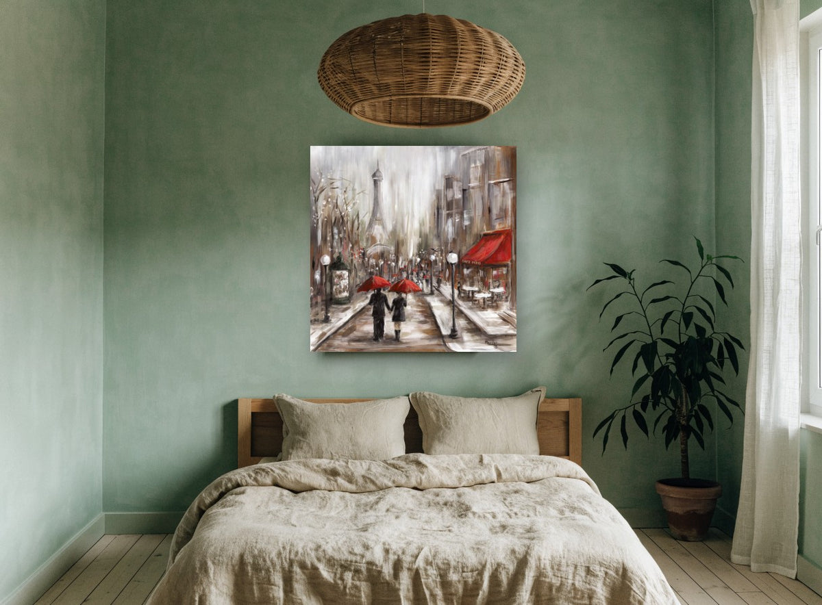 Red Umbrellas Paris Cafe city canvas print on the wall of a bedroom