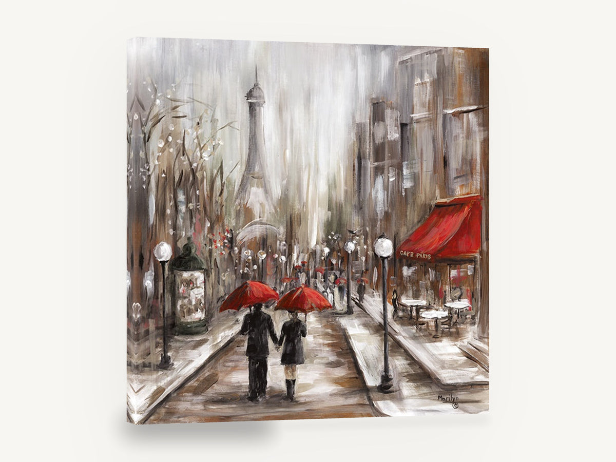 Red Umbrellas Paris Cafe, paris rainy street cafe painting, city canvas wall art print ready to hang