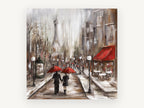 Red Umbrellas Paris Cafe, paris rainy street cafe painting, city canvas wall art print, front view