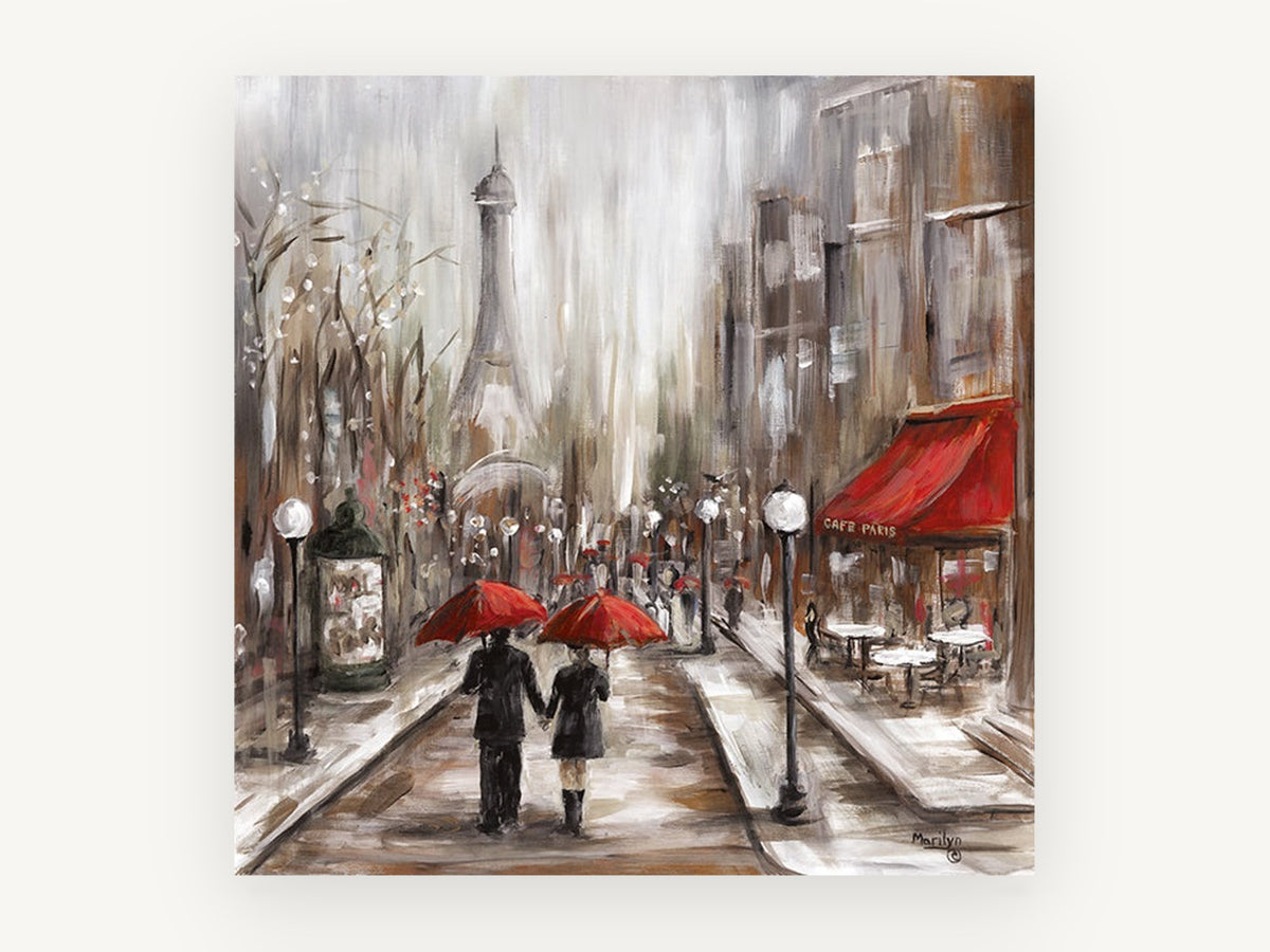 Red Umbrellas Paris Cafe, paris rainy street cafe painting, city canvas wall art print, front view