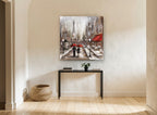 Red Umbrellas Paris Cafe city canvas print on the wall of a hallway