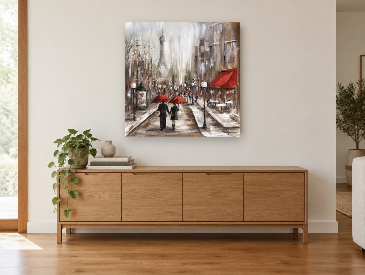 Red Umbrellas Paris Cafe city canvas print on the wall of a living room above a sideboard