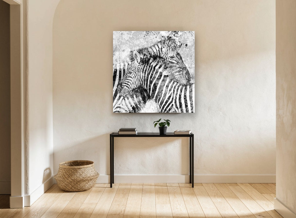 Splattered Zebra Pair animal canvas print on the wall of a hallway