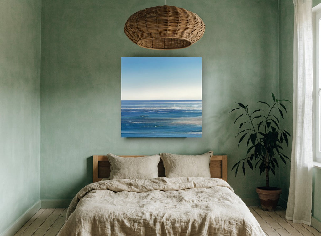 Silver Blue Horizon coastal canvas print on the wall of a bedroom