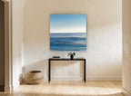 Silver Blue Horizon coastal canvas print on the wall of a hallway