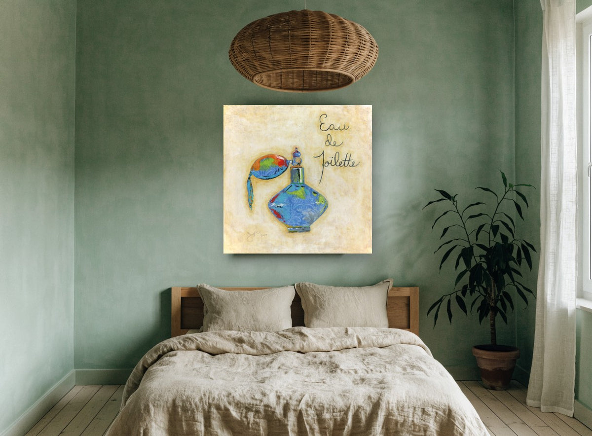 Blue Perfume Atomiser vintage canvas print on the wall of a bedroom