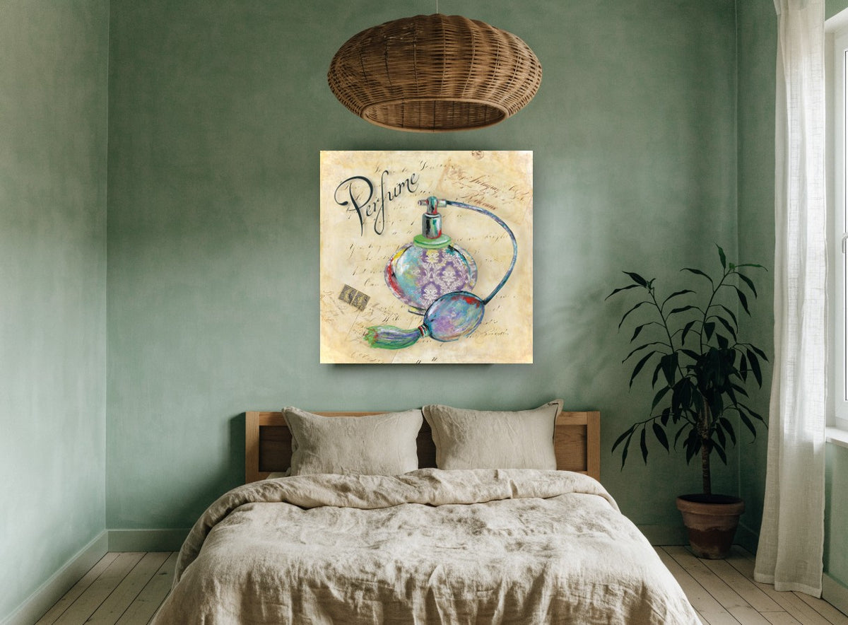 Damask Perfume Atomiser vintage canvas print on the wall of a bedroom