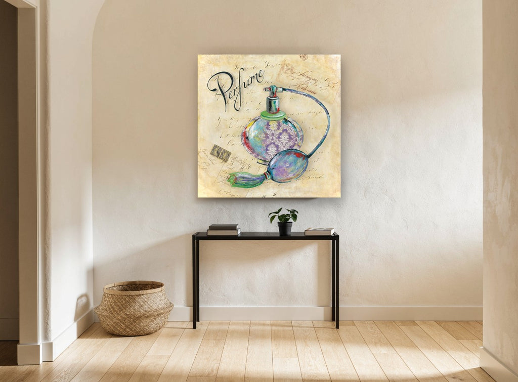 Damask Perfume Atomiser vintage canvas print on the wall of a hallway