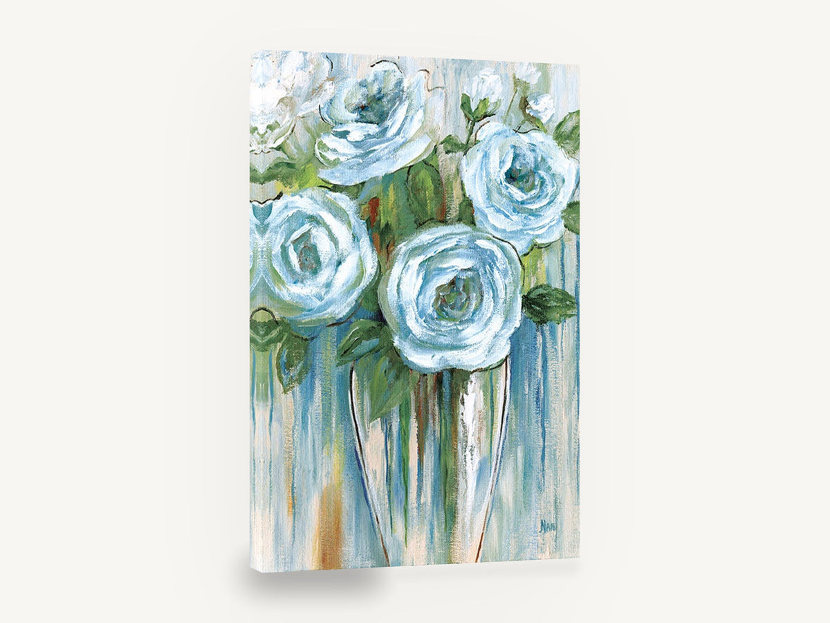 Blue Roses in Glass, blue roses in vase acrylic style floral, floral canvas wall art print ready to hang