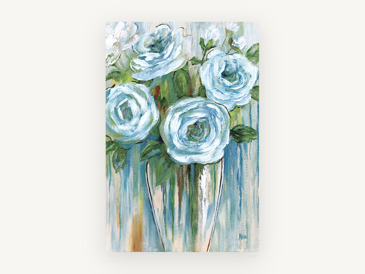 Blue Roses in Glass, floral canvas wall art print, front view