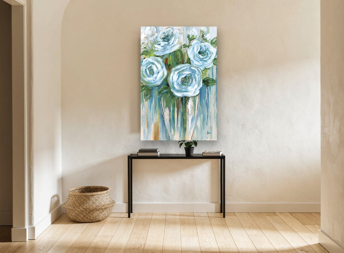 Blue Roses in Glass floral canvas print on the wall of a hallway
