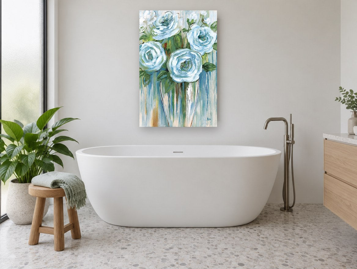 Blue Roses in Glass floral canvas print on the wall of a bathroom