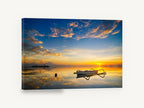 Golden Hour Outrigger, outrigger boat sunrise seascape photograph, coastal canvas wall art print ready to hang
