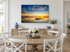 Golden Hour Outrigger coastal canvas print on the wall of a Hamptons dining room