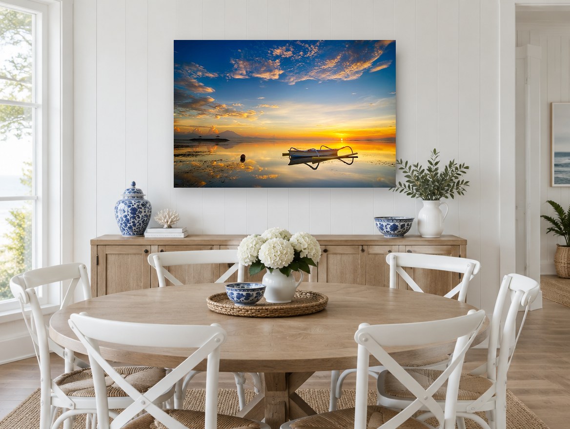 Golden Hour Outrigger coastal canvas print on the wall of a Hamptons dining room