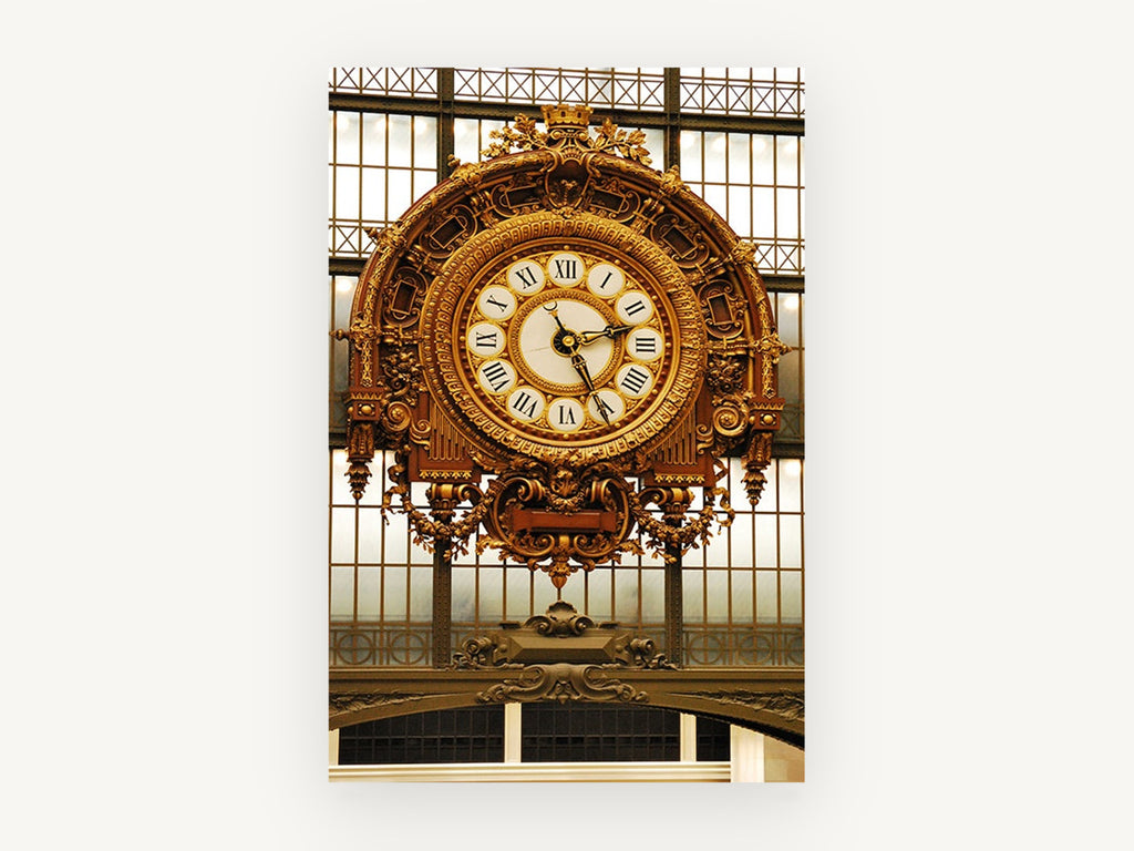 Gilded Station Clock, ornate gold clock paris photograph, city canvas wall art print, front view