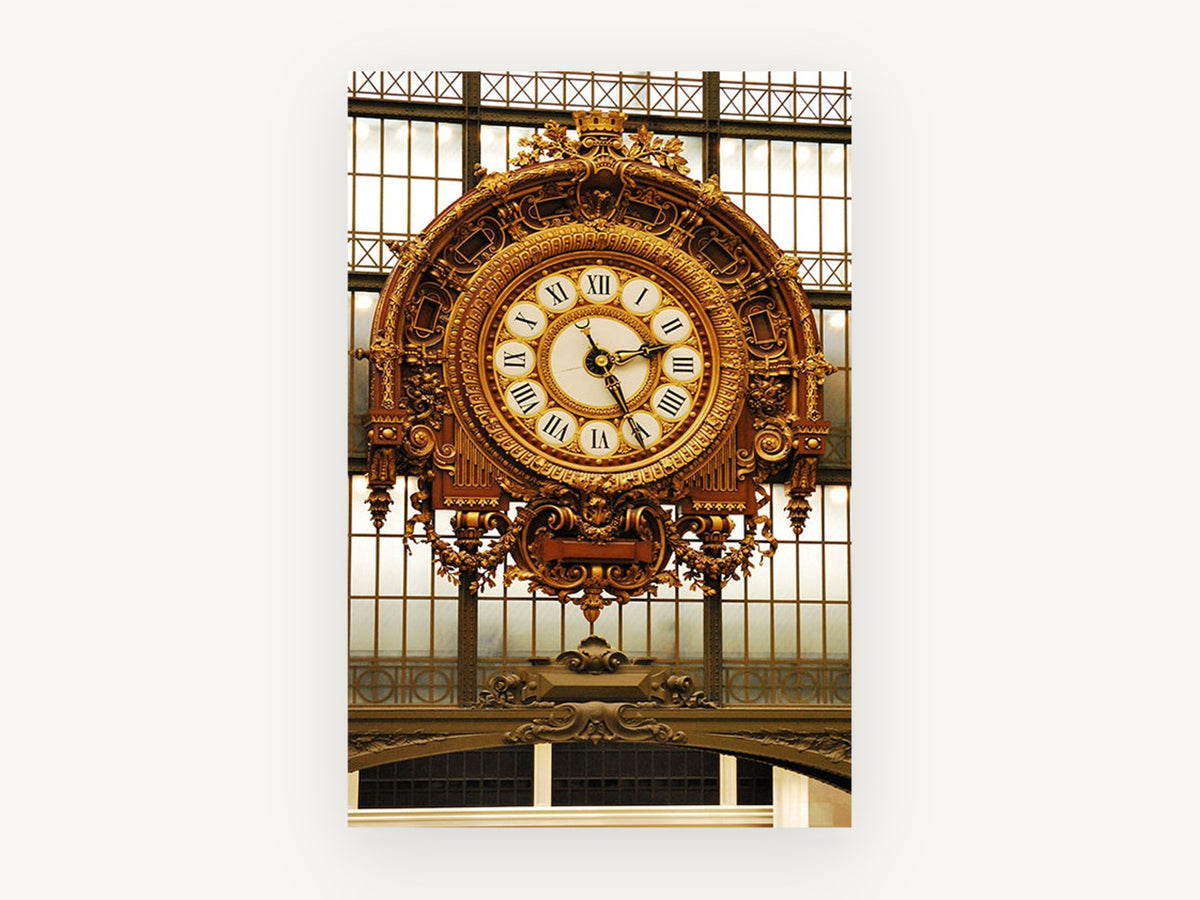 Gilded Station Clock, ornate gold clock paris photograph, city canvas wall art print, front view