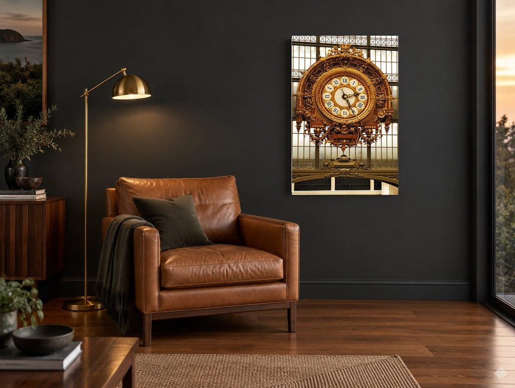 Gilded Station Clock city canvas print on the wall of a charcoal living room