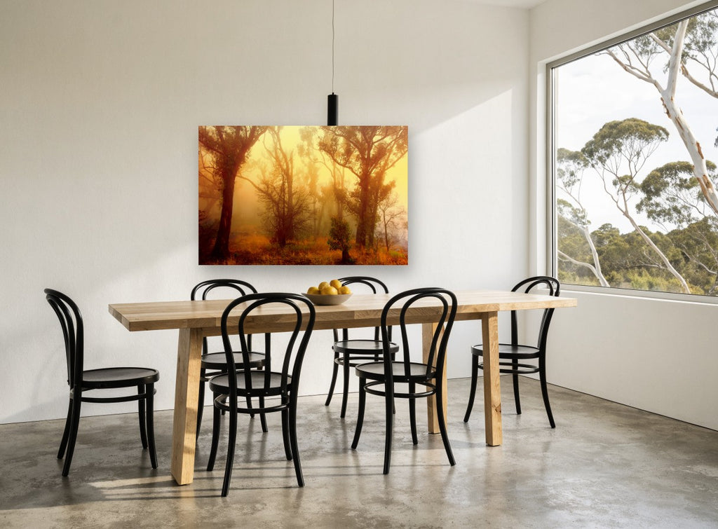 Golden Fog Forest floral canvas print on the wall of a dining room