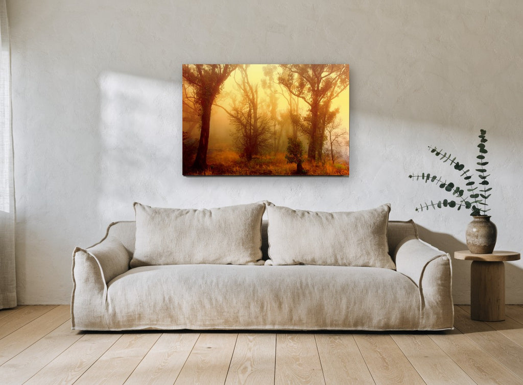 Golden Fog Forest floral canvas print on the wall of a living room