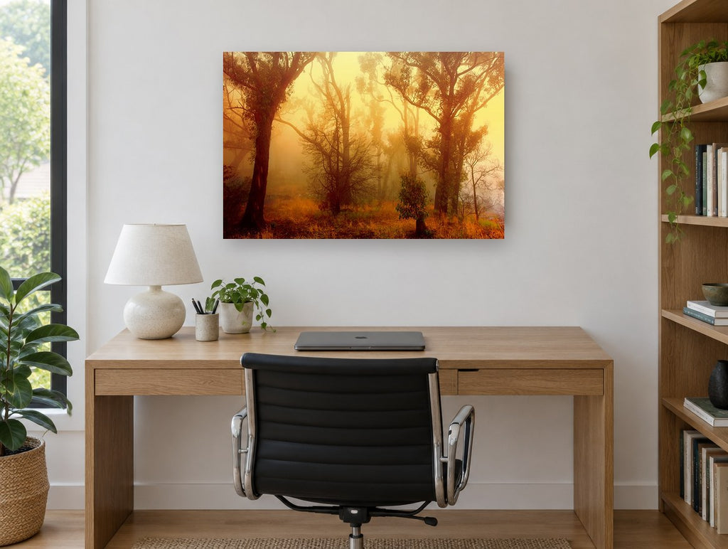 Golden Fog Forest floral canvas print on the wall of a study