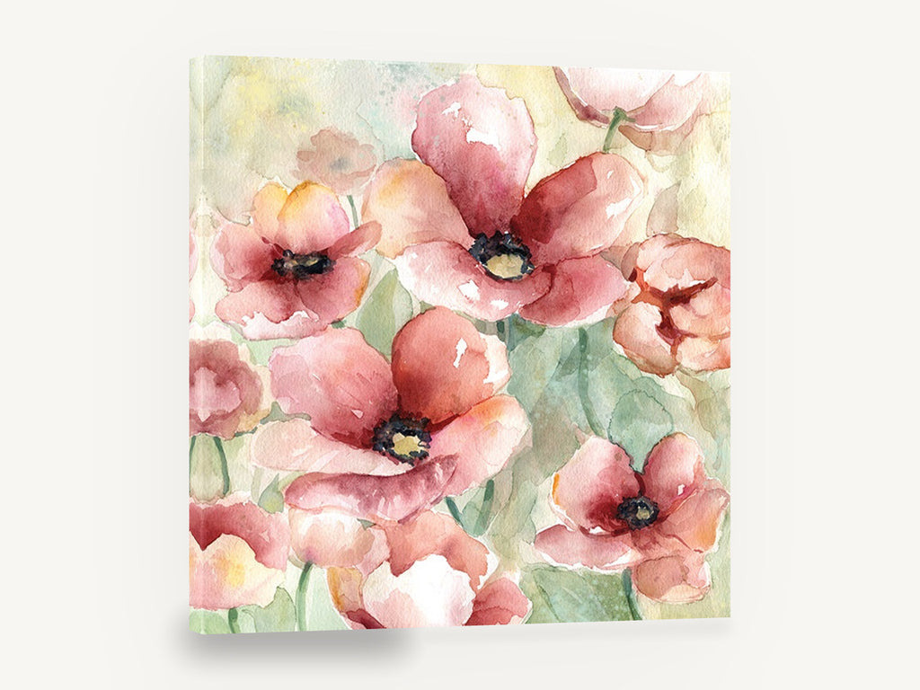 Blush Poppy Meadow, pink poppy watercolour floral meadow, floral canvas wall art print ready to hang