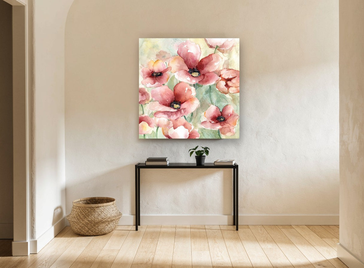 Blush Poppy Meadow floral canvas print on the wall of a hallway