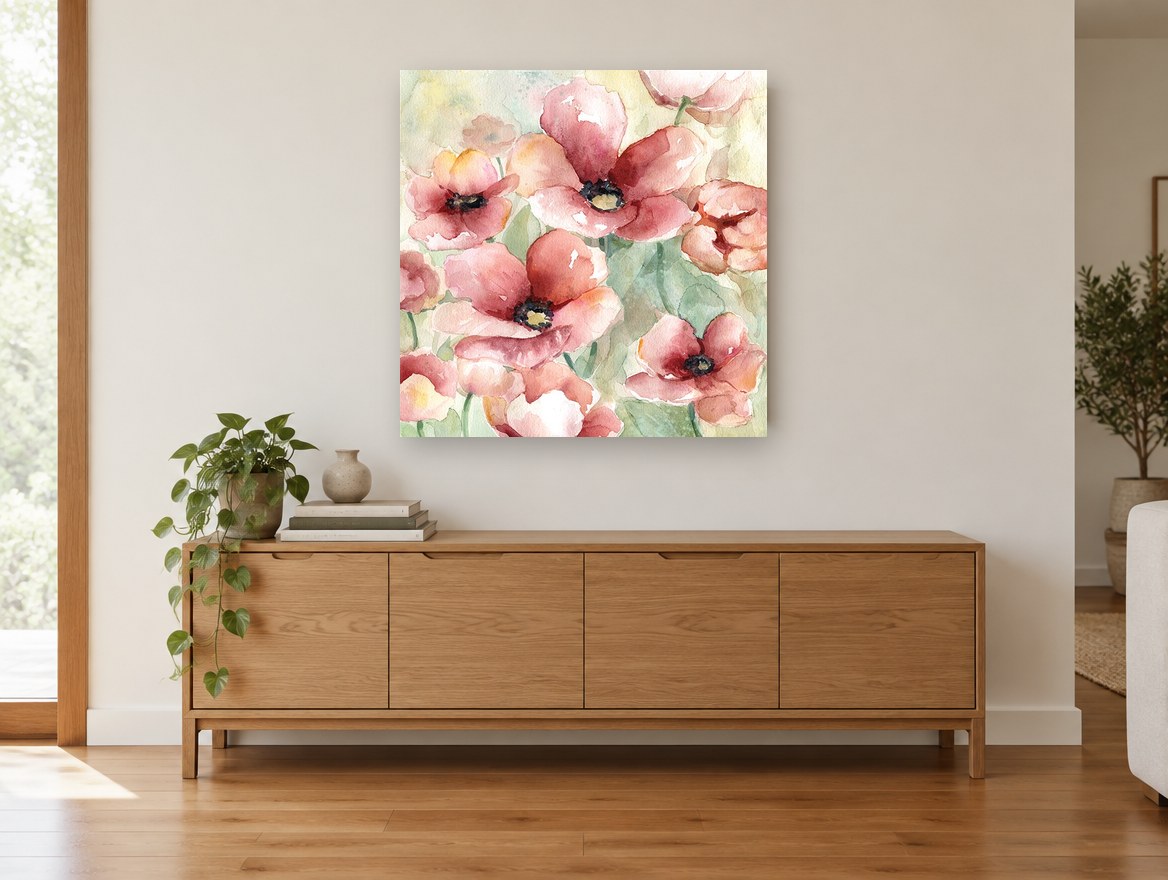 Blush Poppy Meadow floral canvas print on the wall of a living room above a sideboard