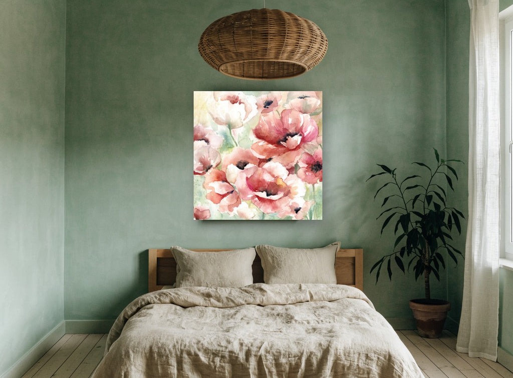 Blushing Poppy Meadow floral canvas print on the wall of a bedroom