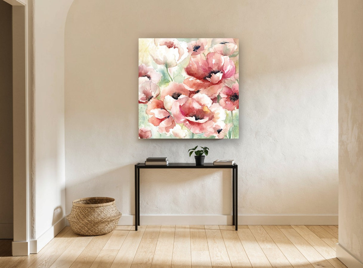 Blushing Poppy Meadow floral canvas print on the wall of a hallway