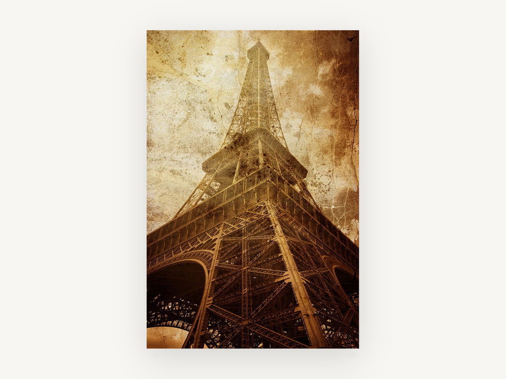 Weathered Iron Spire, eiffel tower sepia grunge photograph, city canvas wall art print, front view