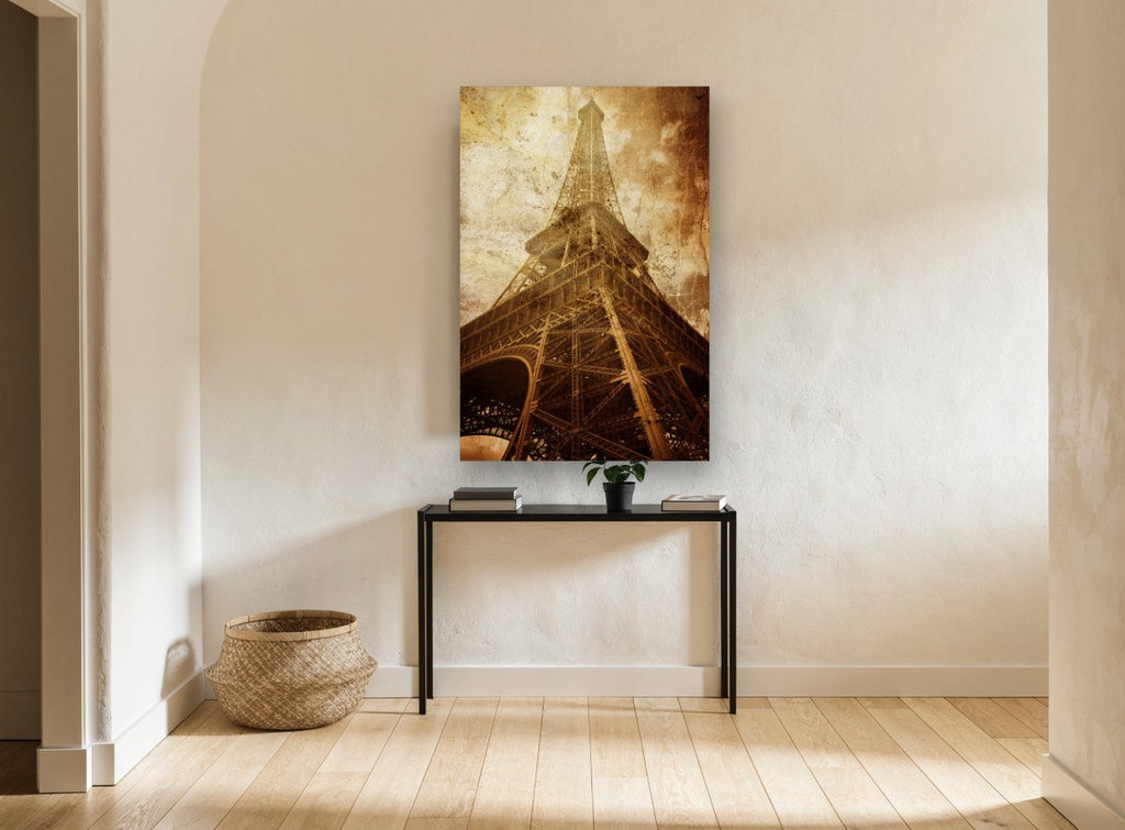 Weathered Iron Spire city canvas print on the wall of a hallway