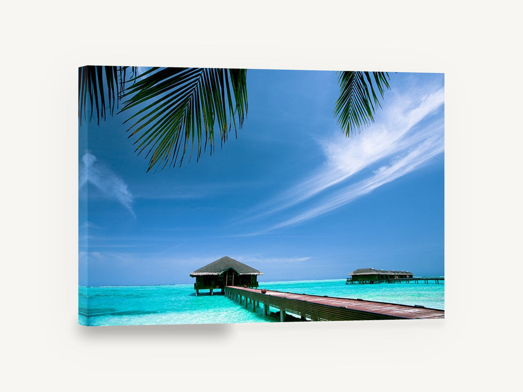Lagoon Pier Retreat, maldives overwater bungalow pier photograph, coastal canvas wall art print ready to hang