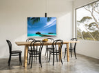 Lagoon Pier Retreat coastal canvas print on the wall of a dining room